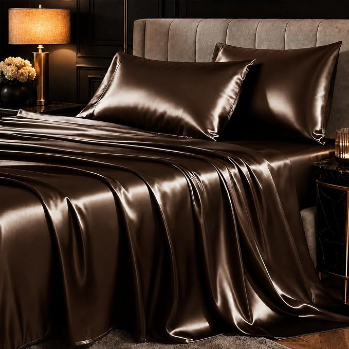 CozyLux Satin Sheets Queen, 4-Piece 14-Inch Deep Pocket Sheet Set | OEKO-TEX Certified Silky Soft Sheet Set for Hair & Skin, Luxurious Silky-Smooth Satin for Elegant Bedroom Decor, Brown