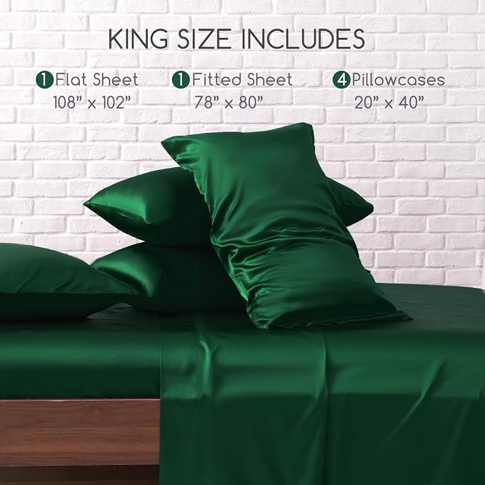 MR&HM Satin Sheets King Size with Elastic Corner Straps, Dark Green | Similar to Silk, 6-Piece Silky Soft Bed Sheet Set, Gentle on Skin and Hair, 15" Deep Pocket, Cooling & Breathable