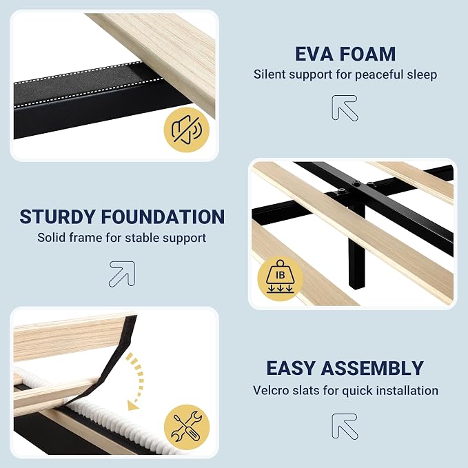Allewie Queen Bed Frame, Adjustable Corduroy Headboard, Platform, White | Adjustable Headboard, Corduroy Fabric, Low Profile, Wooden Slats, 900 lb Capacity, No Box Spring Needed