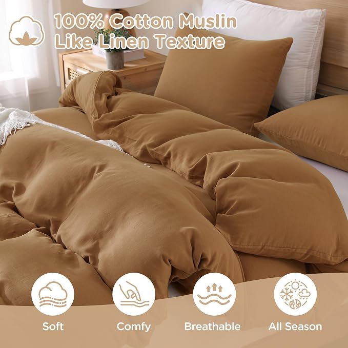 TOCOMOA 100% Muslin Cotton Duvet Cover Set, Burnt Orange, Queen | Linen-Like Texture. Ultra Soft, Breathable, Comfy & Lightweight Fall Bedding Set with Zipper & 8 Ties. 3 Pcs, No Insert
