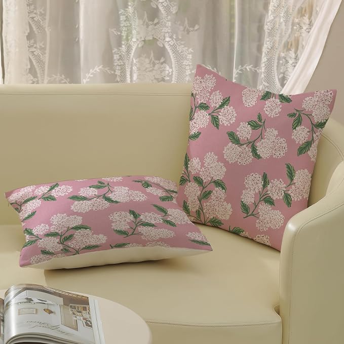 Pink Pillow Covers 16x16 Inch 2 Pcs Preppy Pink Green Hydrangea Flower Decor Throw Pillows Vintage Floral Seasonal Spring Summer Outdoor Decoration Pillowcase Linen Cushion Cover for Couch Sofa