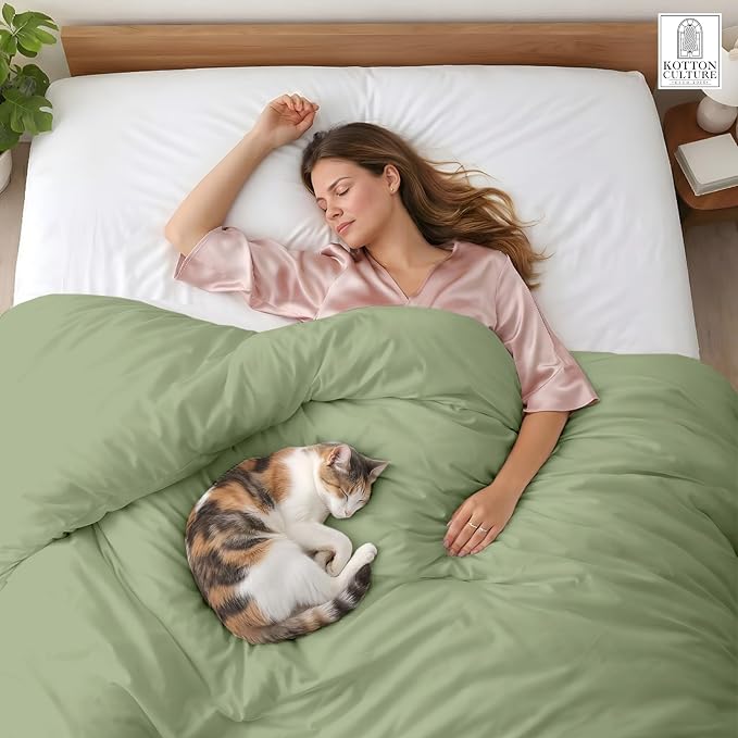 1 Pc Twin XL/Twin Duvet Cover Only-100% Egyptian Cotton 600 Thread Count Ultra Soft Premium Durable Comforter Cover Zipper Closure & Corner Ties - (Moss Green, 68" X 90")