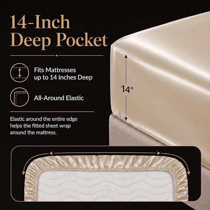 CozyLux Satin Sheets Queen, 6-Piece 14-Inch Deep Pocket Sheet Set | OEKO-TEX Certified Silky Soft Sheet Set for Hair & Skin, Luxurious Silky-Smooth Satin for Elegant Bedroom Decor, Champagne