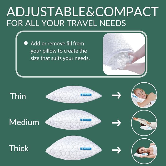 QUTOOL Cooling Pillow for Sleeping, CertiPUR-US Shredded Memory Foam Camping Pillow Set of 1, Backpacking for Hiking Gear, Portable Pillow with Travel Storage Bag, Soft Yet Support,White