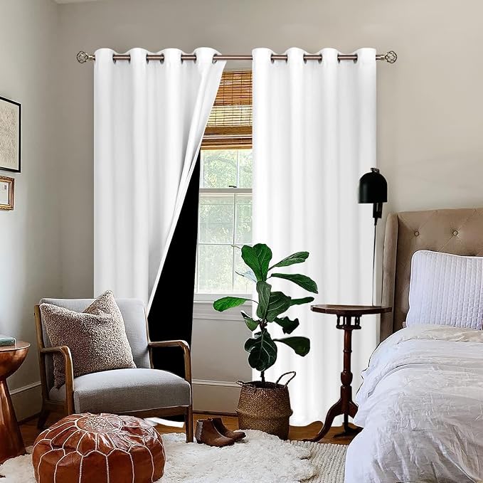 BGment Thermal Insulated 100% Blackout Curtains for Bedroom with Black Liner, Double Layer Full Room Darkening Noise Reducing Grommet Curtain (52 x 90 Inch, Pure White, 2 Panels)