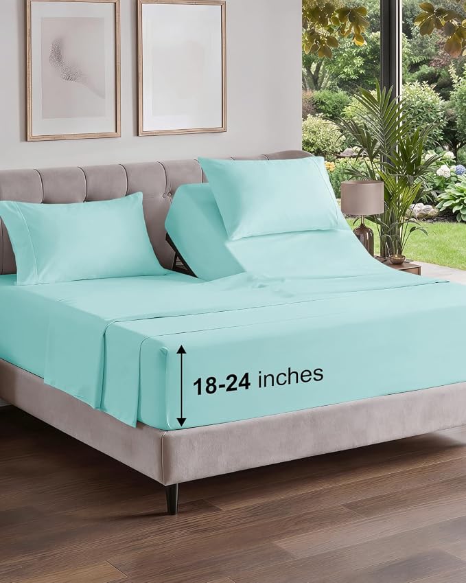 Flex Top Split Head King Sheet Set - 4 Piece Extra Deep Sheets - Spa Blue | Easily Fits 18 to 24 inch Mattress, Ultra Soft, Wrinkle & Fade Free with Extra Deep Pockets, Comfy Hotel Luxury Bedding