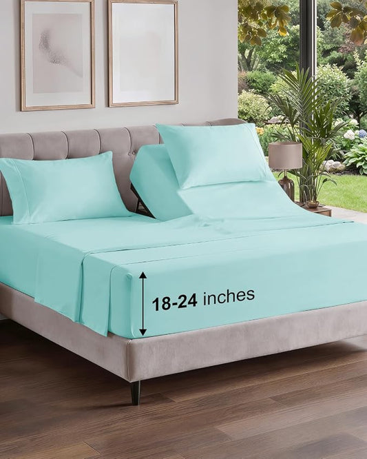 Flex Top Split Head King Sheet Set - 4 Piece Extra Deep Sheets - Spa Blue | Easily Fits 18 to 24 inch Mattress, Ultra Soft, Wrinkle & Fade Free with Extra Deep Pockets, Comfy Hotel Luxury Bedding
