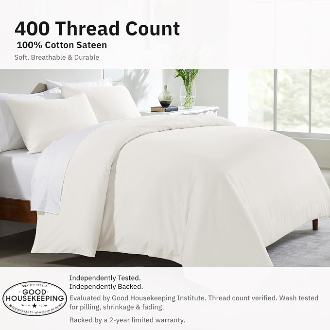 California Design Den Soft 100% Cotton Sateen Duvet Cover Set King, Ivory | 3-Piece Set with 2 Pillow Shams, Backed by Good Housekeeping Seal, Button Closure & Corner Ties, 400 TC 100% Cotton Sateen