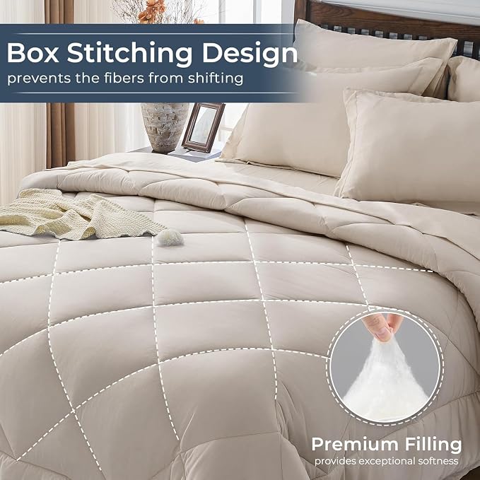 7-Piece Oversized King Comforter Set, Beige | Reversible, All-Season, Soft, 7 Piece Set, All-Season Reversible Bed in a Bag, Flat Sheet, Fitted Sheet, Pillowcases