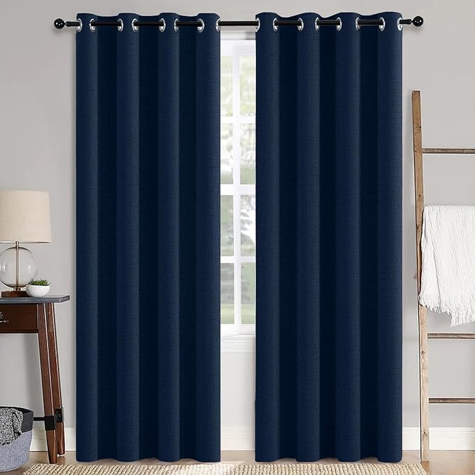 MIULEE 100% Blackout Linen Curtains for Bedroom 52x108 Inches Midnight Blue | Room Darkening, Light Blocking, Thermal Insulated, Grommet Top, Linen Textured, Window Curtains for Living Room, 2 Panels