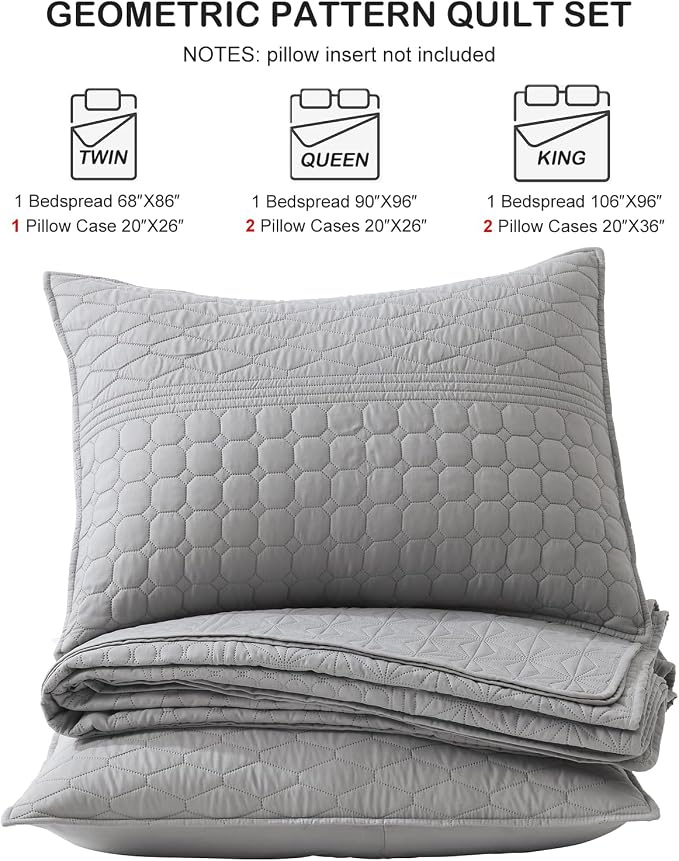 HORIMOTE HOME Grey Queen Size Quilt Set - Soft Microfiber Bedspread with 2 Shams, Lightweight & All-Season Geometric Coverlet for Cozy Bedding