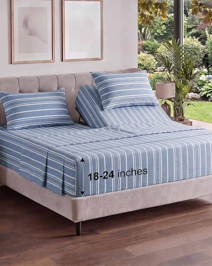 Flex Top Split Head King Sheet Set - 4 Piece Extra Deep - Blue Stripes 3 | Easily Fits 18 to 24 inch Mattress, Ultra Soft, Wrinkle & Fade Free with Extra Deep Pockets, Comfy Hotel Luxury Bedding