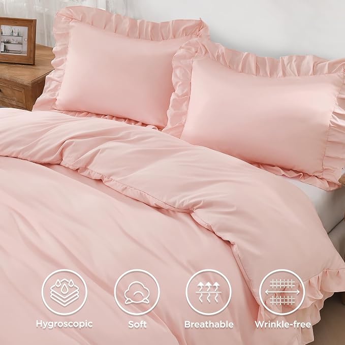 Andency Blush Ruffle Duvet Cover Queen, Shabby Chic Farmhouse Bedding Set | 3 Pieces Soft Washed Polyester Vintage Ruffled Comforter Cover Set with Zipper Closure & Corner Ties, 90x90Inch