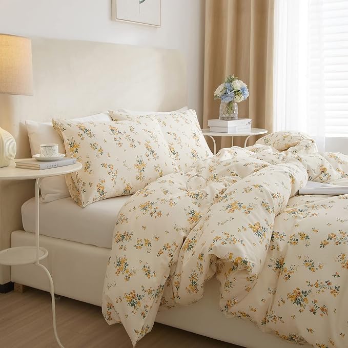 mixinni Aesthetic Floral Duvet Cover Set King Size, Farmhouse Boho Yellow Flowers Leaves Cute Bedding Set for Women, 1 Soft Cotton Chic Duver Cover and 2 Pillowcases for All Seasons-King Size