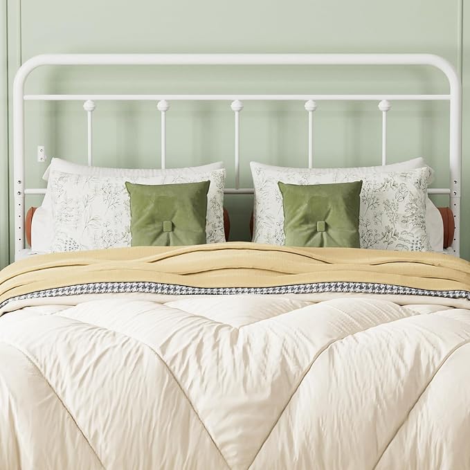 Victorian Metal Queen Size Headboard, Adjustable Height, White | Sturdy Steel Queen Head Board Only for Bedroom, Bed Frame Brackets Adapter, Farmhouse Vintage Style, Easy Assembly