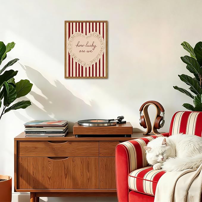 Framed How Lucky Are We Wall Art, Vintage Red Striped Pictures Wall Decor, Romantic Lace Heart Quote Paintings Canvas Prints Coquette Home Decor for Living Room Bedroom Bathroom 16x24 inch