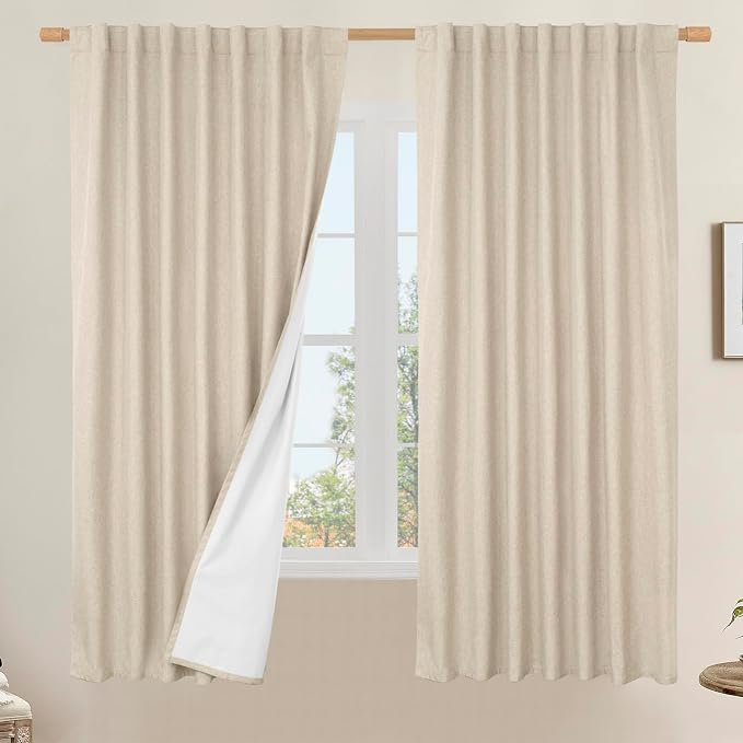 100% Blackout Linen Curtains 63 Inches Long 2 Panels, 60 x 63 Inch | Linen Textured, Living Room, Farmhouse Curtains, Room Darkening Drapes, Rod Pocket Back Tab, White Liner, 2 Panels, Linen