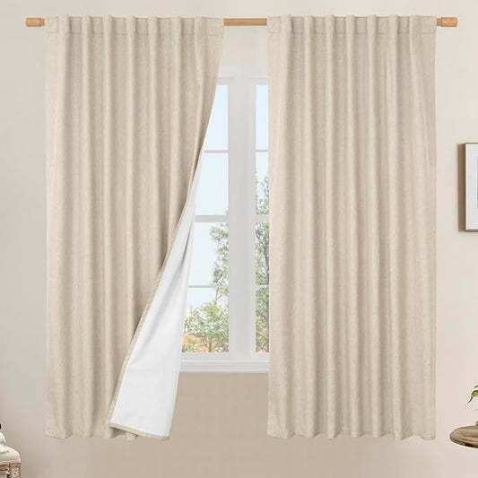 100% Blackout Linen Curtains 63 Inches Long 2 Panels, 60 x 63 Inch | Linen Textured, Living Room, Farmhouse Curtains, Room Darkening Drapes, Rod Pocket Back Tab, White Liner, 2 Panels, Linen