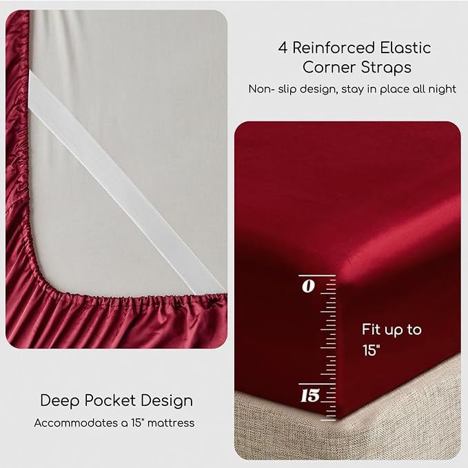 MR&HM Satin Sheets King Size with Elastic Corner Straps, Burgundy | Similar to Silk, 4-Piece Silky Soft Bed Sheet Set, Gentle on Skin and Hair, 15" Deep Pocket, Cooling & Breathable