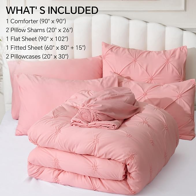 BEDELITE Queen Comforter Set Pink,Lightweight & Soft Comforter | 7 Pc Boho Bed in a Bag,Warm & Cute Bed Set for All Season,Includes Comforter,Flat & Fitted Sheets,2 Pillowcases & 2 Shams