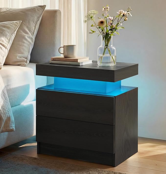 i-aplus LED Nightstand with Wood 2 Drawers Modern Bedside Table for Bedroom | Nightstands with App-Controlled RGB LED Lights, Night Stand with Storgae Drawer, Modern Bedside Table for Bedroom