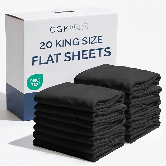 Bulk Case Pack of 20 Flat Sheets - King Size Flat Sheets - Black | Wholesale Bulk Flat Sheets for Hotels, Spas & Airbnbs, Soft, Cooling & Breathable, Wrinkle Free, Fade & Shrink Resistant