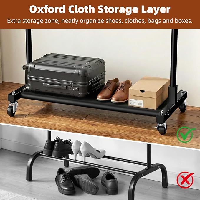 Luxspire 350LBS Heavy Duty Clothes Rack Black Rolling Garment Rack, Black | Rustproof iron frame, extendable hanging rod, oxford bottom storage, lockable casters for bedroom laundry balcony