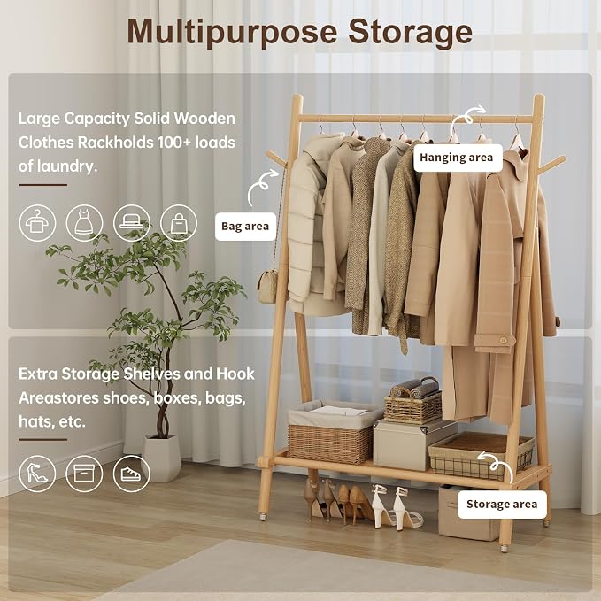Muwuele Solid Wood Clothing Rack, Rolling Clothes Rack for Hanging Clothes, Garment Rack with Shelves Load 350 Lbs, Portable Closet Organizer on Wheels for Hanging Clothes (Natural)