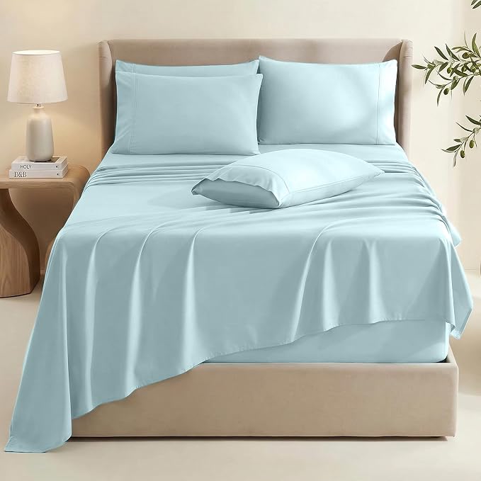 Hearth & Harbor Extra Deep Pocket Sheets - Fits Mattress 18-24 Inches Deep - Extra Deep Pocket Split King Size Sets - 7 Piece Split King Size - Aqua Blue