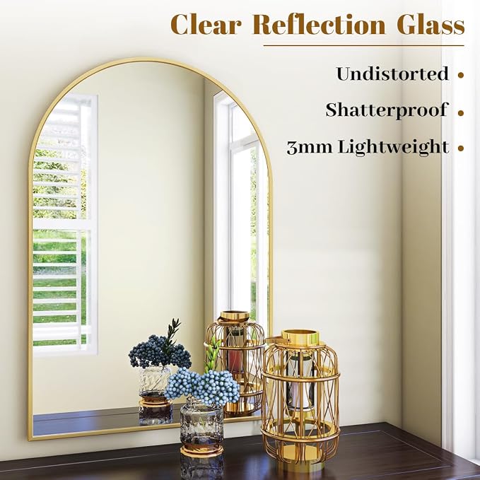 Arched Wall Mirror, 24 x 36 inch Arch Bathroom Mirror Gold | Wall Mounted Vanity Mirror with Arch Metal Frame, Modern Bathroom Vanity Mirror for Bedroom, Living Room, Hanging or Leaning