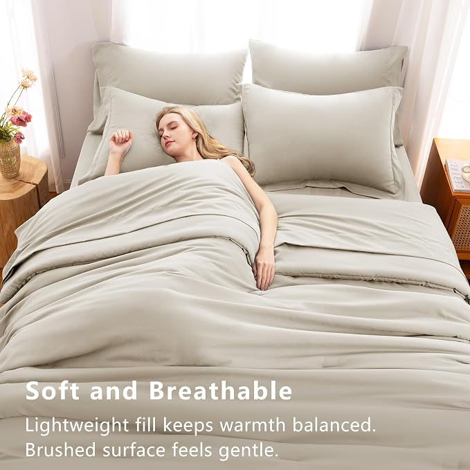 Full Size Comforter Set Beige, 7 Pieces Bed in a Bag | OEKO-TEX Certified, All-Season, Bedroom, 240GSM Down Alternative Comforter, Flat & Fitted Sheets, 2 Pillowcases & 2 Shams