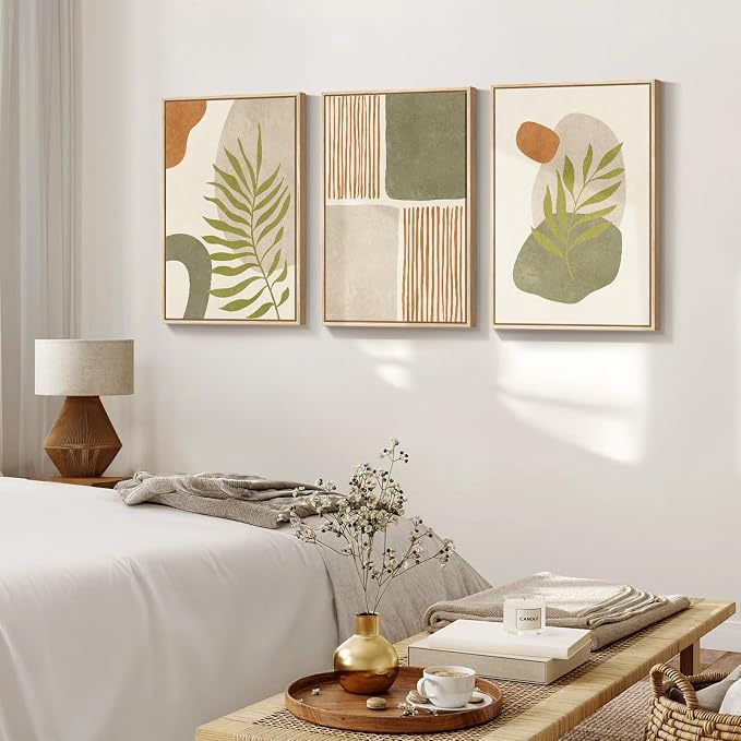 Framed Sage Green Orange Boho Abstract Wall Art for Living Room, 20x30 In | Canvas print, Large 3 piece, Botanical picture, Minimalist painting, Tropical leaf artwork, Geometric, Wall Decor for Bedroom