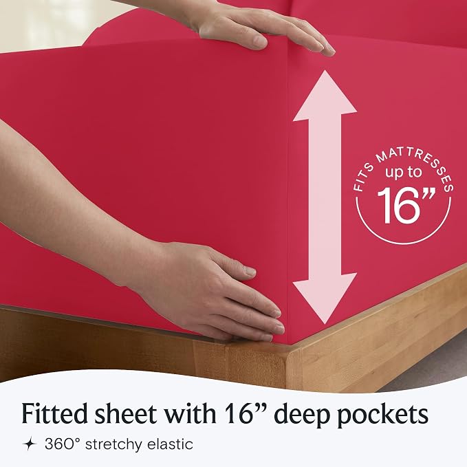 LuxClub King Size Sheets Set, Cooling & Soft Deep Pocket Bed Sheets, 4PC | LuxClub Silky Fitted Sheet & Pillowcase Sets, Breathable Hotel Luxury Bedding for Mattress Wrinkle Free, Red