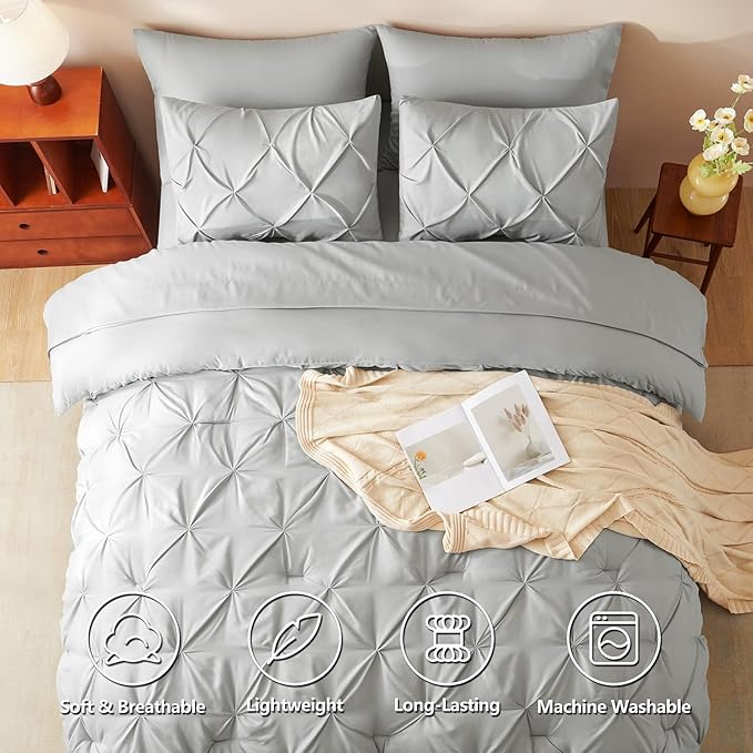 Queen Comforter Set Light Grey, 7 Pieces Pintuck Bed in a Bag | OEKO-TEX 100 Certified, 240GSM All Season, Bedroom, Guest Room, Down-Alternative Comforter, Sheets, Pillowcases & Shams