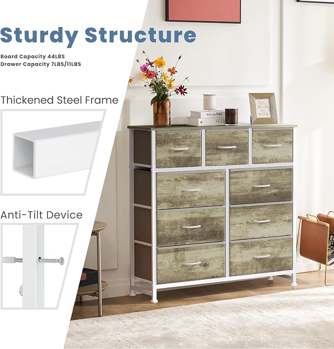 DUMOS 9 Drawer Dresser for Bedroom, Storage Organizer Chest of Drawers | Fabric Bins Storage Tower with Sturdy Metal Frame, Wood Tabletop for Closet, Oak