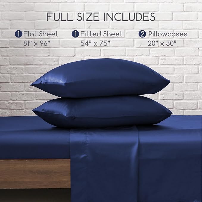 MR&HM Satin Sheets Full Size with Elastic Corner Straps, Navy Blue | Similar to Silk, 4-Piece Silky Soft Bed Sheet Set, Gentle on Skin and Hair, 15" Deep Pocket, Cooling & Breathable