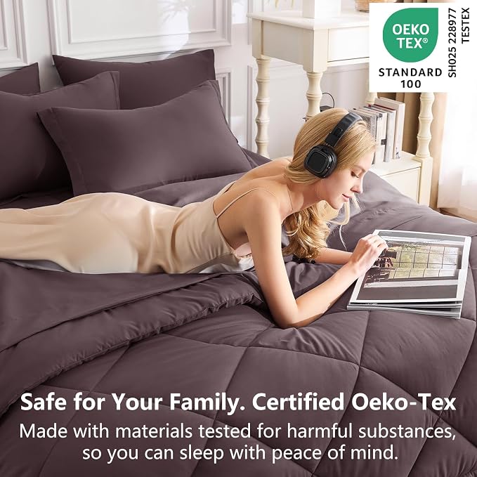 Oversized King Comforter Set Cocoa Powder - 7 Pieces Bed in a Bag | OEKO-TEX Certified, All Season, 240GSM Down-Alternative Comforter, Sheets, Pillowcases & Shams, 14" Deep Pocket, Easy Care