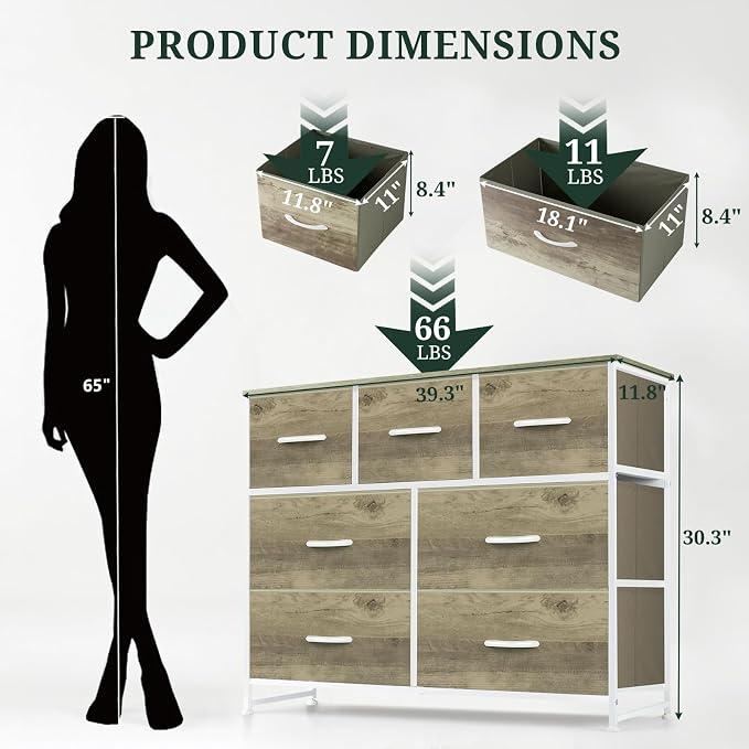 7-Drawer Dresser for Bedroom, Anti-Tip Wide Storage Organizer Fabric | Chest of Drawers TV Stand for 45" TV with Wooden Top and Metal Frame for Closet, Living Room, Hallway, Entryway, Greige Oak