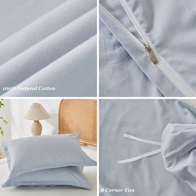 OAITE Duvet Cover Set 100% Washed Cotton Solid 3pcs | Soft,Durable,Long-staple Cotton,Hidden Zipper with 8 Interior Corner Ties,2 Pillowcases