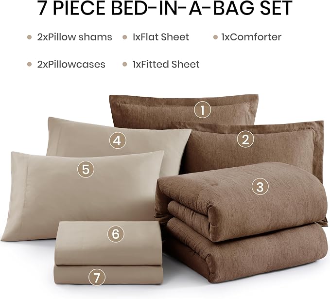 Monbix Queen Comforter Set 7 Pieces Brown Cationic Dyeing Bed in a Bag | Lightweight Reversible All Season Bedding Sets with Comforter, Sheets, Pillowcases & Shams