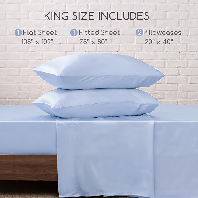 MR&HM Satin Sheets King Size with Elastic Corner Straps, Light Blue | Similar to Silk, 4-Piece Silky Soft Bed Sheet Set, Gentle on Skin and Hair, 15" Deep Pocket, Cooling & Breathable