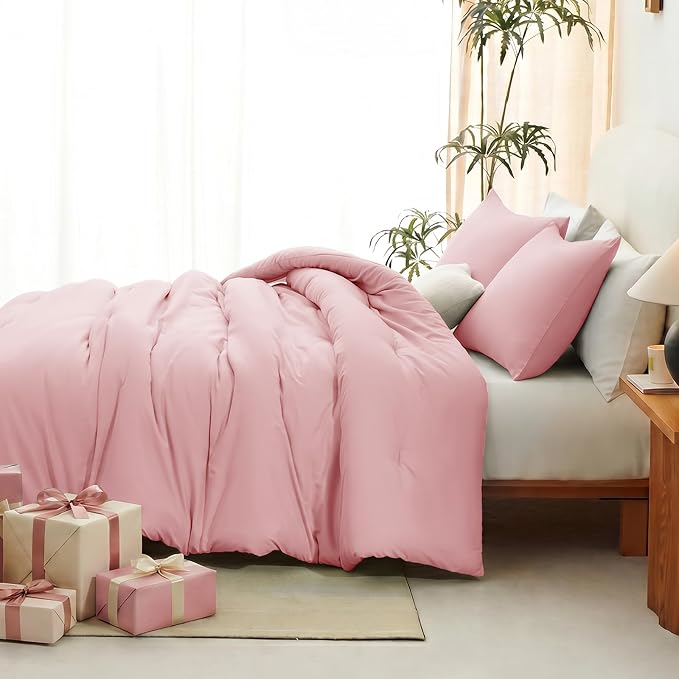 Queen Comforter Set, 3 Pieces Down Alternative Bedding, Pink | 270 GSM All Season Comforter with 4 Corner Ties for Use as a Duvet Insert, OEKO-TEX Certified, 2 Pillowcases, 88 x 88 in