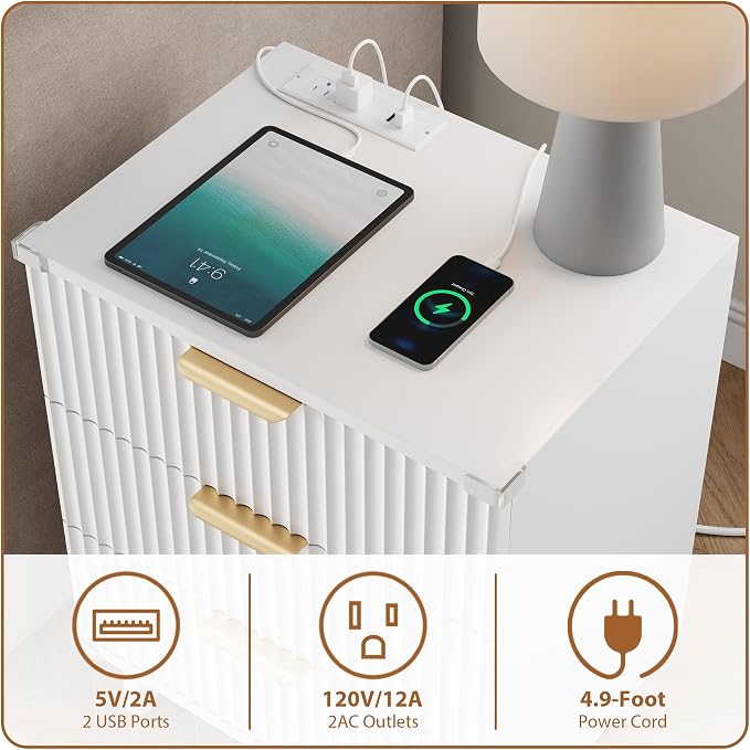 Wood Nightstands Set of 2 w/Charging Station, 3 Drawers Fluted Dresser | White, Large Drawers, Metal Silent Rails, FSC Wooden, Sturdy Legs, Modern Fluted Panel, Living Room, Bedside Table