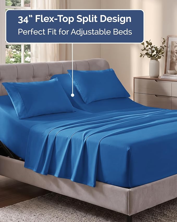 Flex Top Split Head King Sheet Set - 4 Piece Extra Deep Sheets - Royal Blue | Easily Fits 18 to 24 inch Mattress, Ultra Soft, Wrinkle & Fade Free with Extra Deep Pockets, Comfy Hotel Luxury Bedding