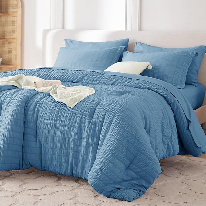 5 Pieces Twin XL Comforter Set, Seersucker Bed in a Bag Twin XL Size, All Season Luxury Bedding Set with Comforter, Flat Sheet, Fitted Sheet, Pillowcase & Sham, Mineral Blue