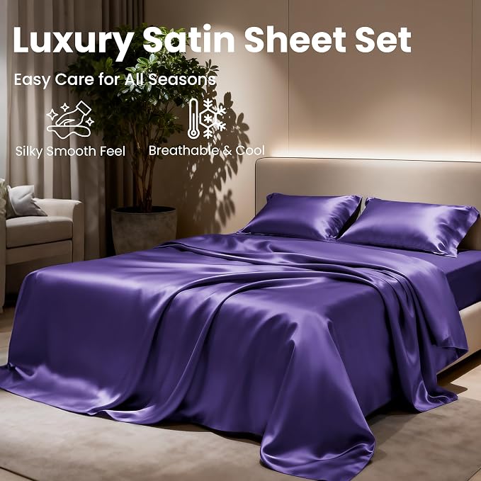 Love's cabin Twin Satin Sheets Sets - 3 Piece Purple Silky Bed Sheets with Deep Pockets, Luxury Silk Feel Satin Twin Size Sheet Set Bedding Set (1 Flat Sheet,1 Fitted Sheet,1 Pillow case)