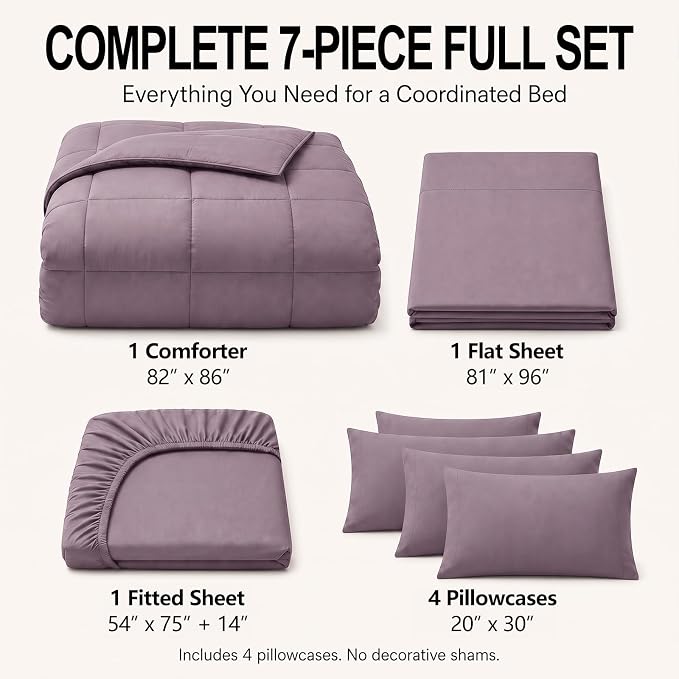 Full Size Comforter Sets Dusty Purple - 7 Pieces Bed in a Bag | OEKO-TEX Certified, All-Season, Bedroom, Guest Room, Down-Alternative Comforter + Flat & Fitted Sheets + 4 Pillowcases