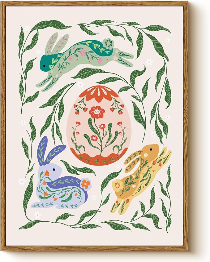 easter bunny wall art framed canvas spring rabbit print floral egg artwork nursery decor kids room woodland animal painting cottagecore wall decor farmhouse spring home decoration pastel bunny picture gift for kids