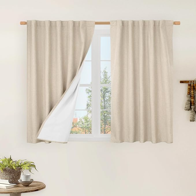 100% Blackout Short Linen Curtains for Cafe 40 Inch Length 2 Panels | Linen Textured, Thermal Kitchen Curtains, Privacy Neutral Panels, Rod Pocket Back Tab with White Liner, 42 x 40 Inch, Linen