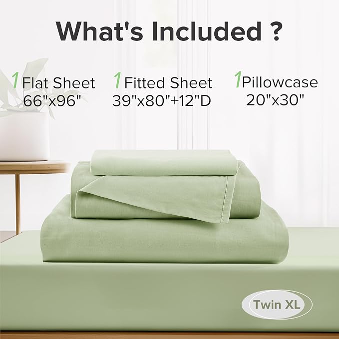 Comfort Spaces 100% Cotton Percale Sheets Twin XL Size 3 Piece, Sage Green | Crisp, Cool & Breathable Bed Sheets, 12" Deep Pocket Fits Up to 14" Mattress, Lightweight, All Season Cozy, with Pillow Case